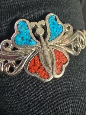 Vintage Native Turquoise Coral Sterling Butterfly Cuff Bracelet